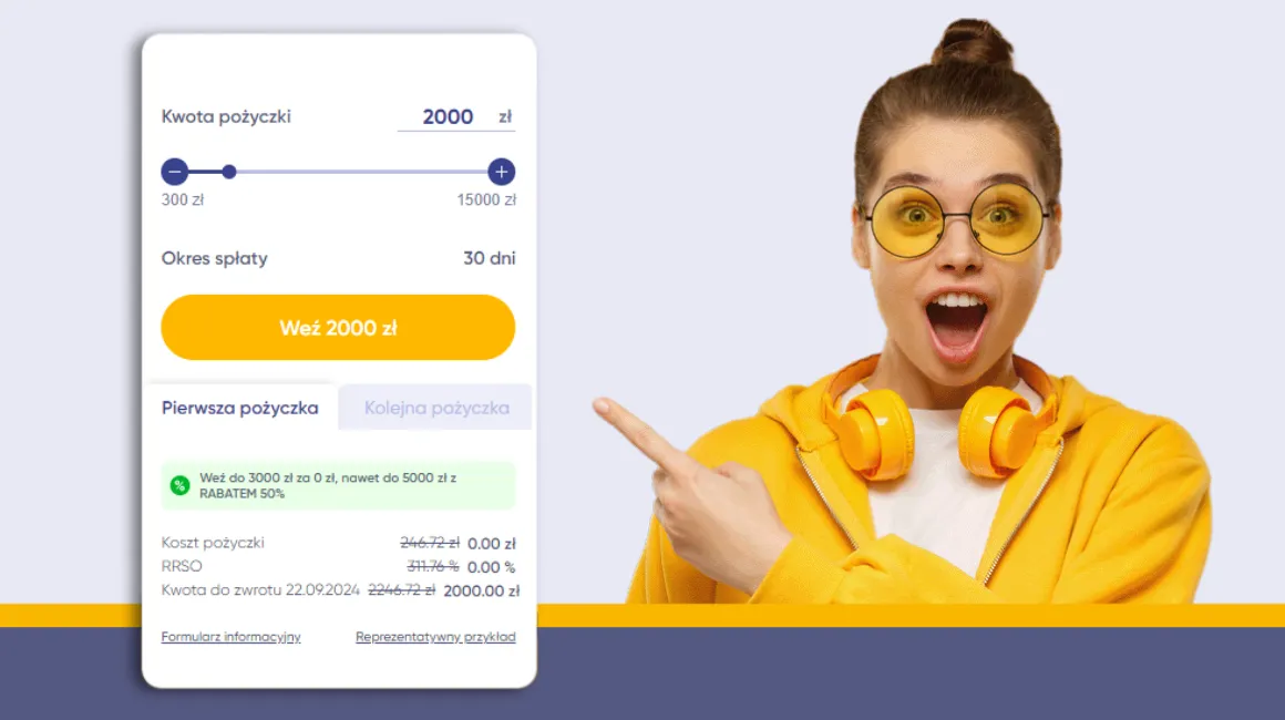 Zaskoczona młoda kobieta w żółtej bluzie i słuchawkach wskazuje na kalkulator pożyczki z kwotą 2000 zł i okresem spłaty 30 dni